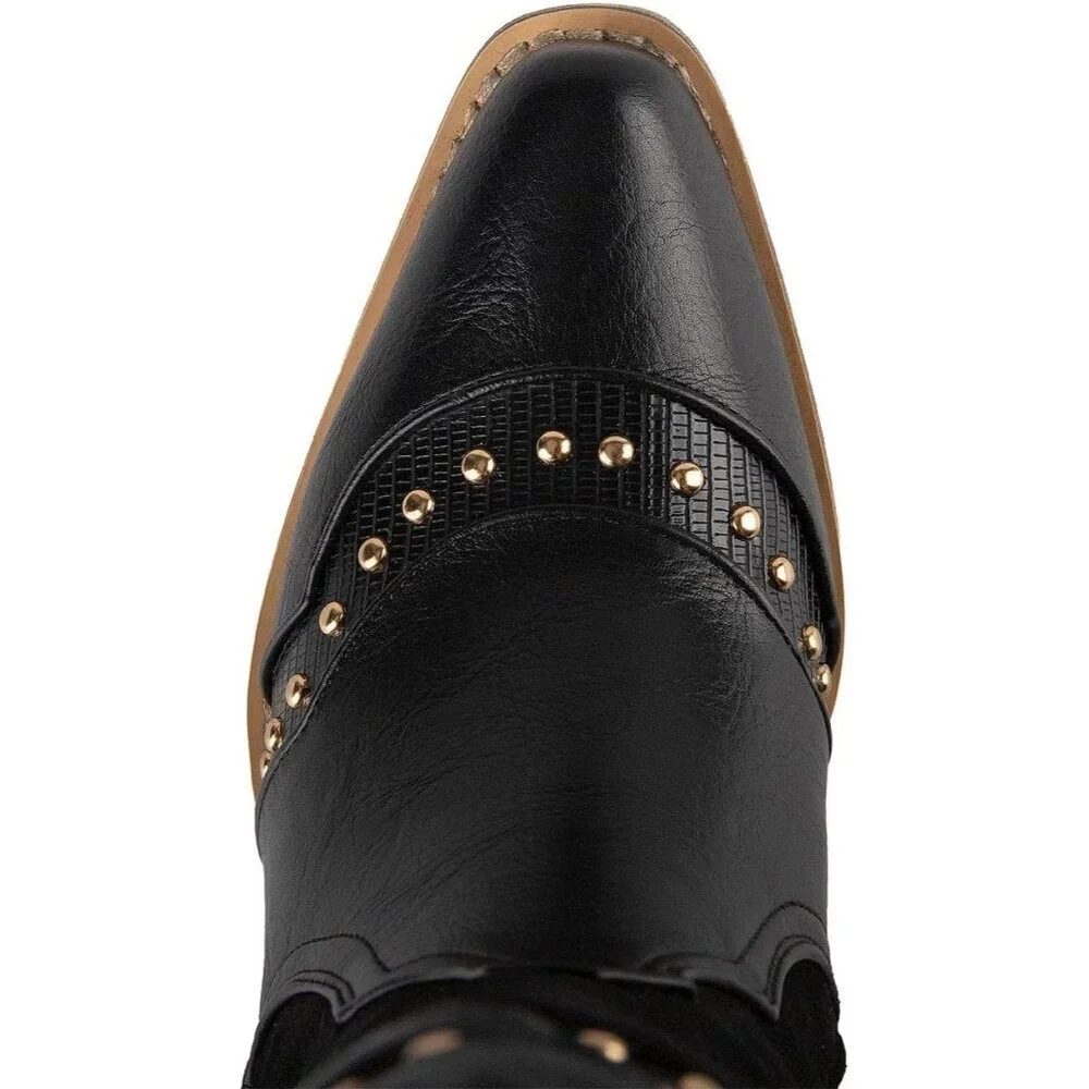 Unisex Black Cowboot Pointed Toe Pull On Mid Calf Fashion Dress Boots